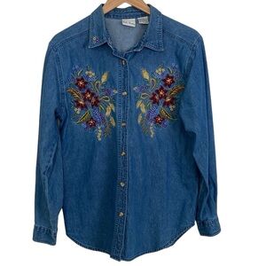 Bobbi Brooks Denim Long Sleeve Embroidered Floral Shirt, Size M